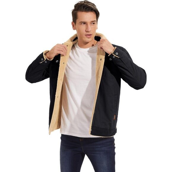 Mens Black AI Winter Sherpa Lined Jacket Warm Trucker Coat Multi Pocket - Picture 7 of 7